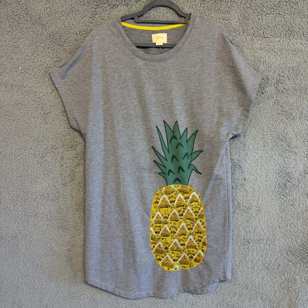 MAEVE Anthropologie Pineapple Shirt Dress Womens Small Gray Tunic Beaded Hawaii